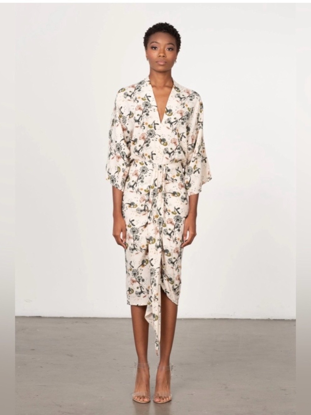 Bel Kazan cream dandelion plunge kimono midi dress S